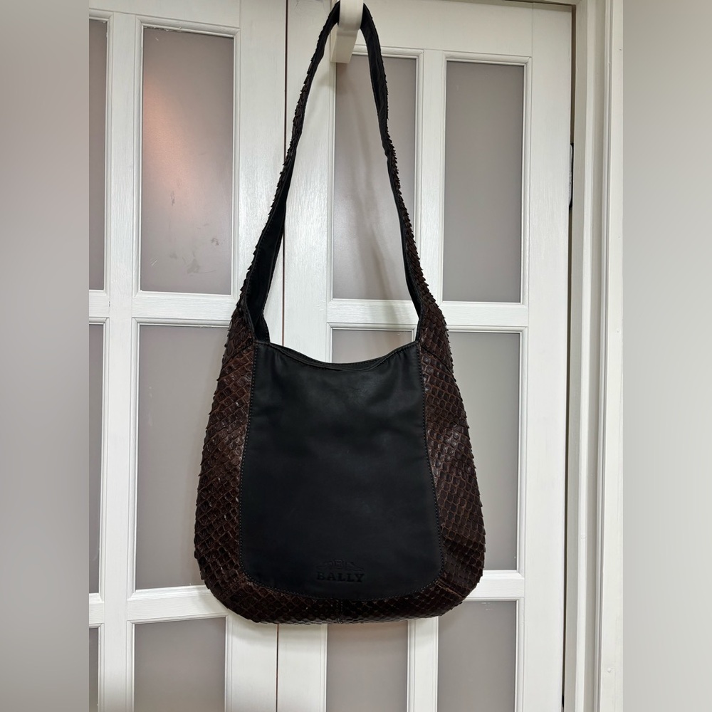 Bally Leather Hobo Shoulder Bag Brown Black Snakeskin Trim Logo Vintage Luxury